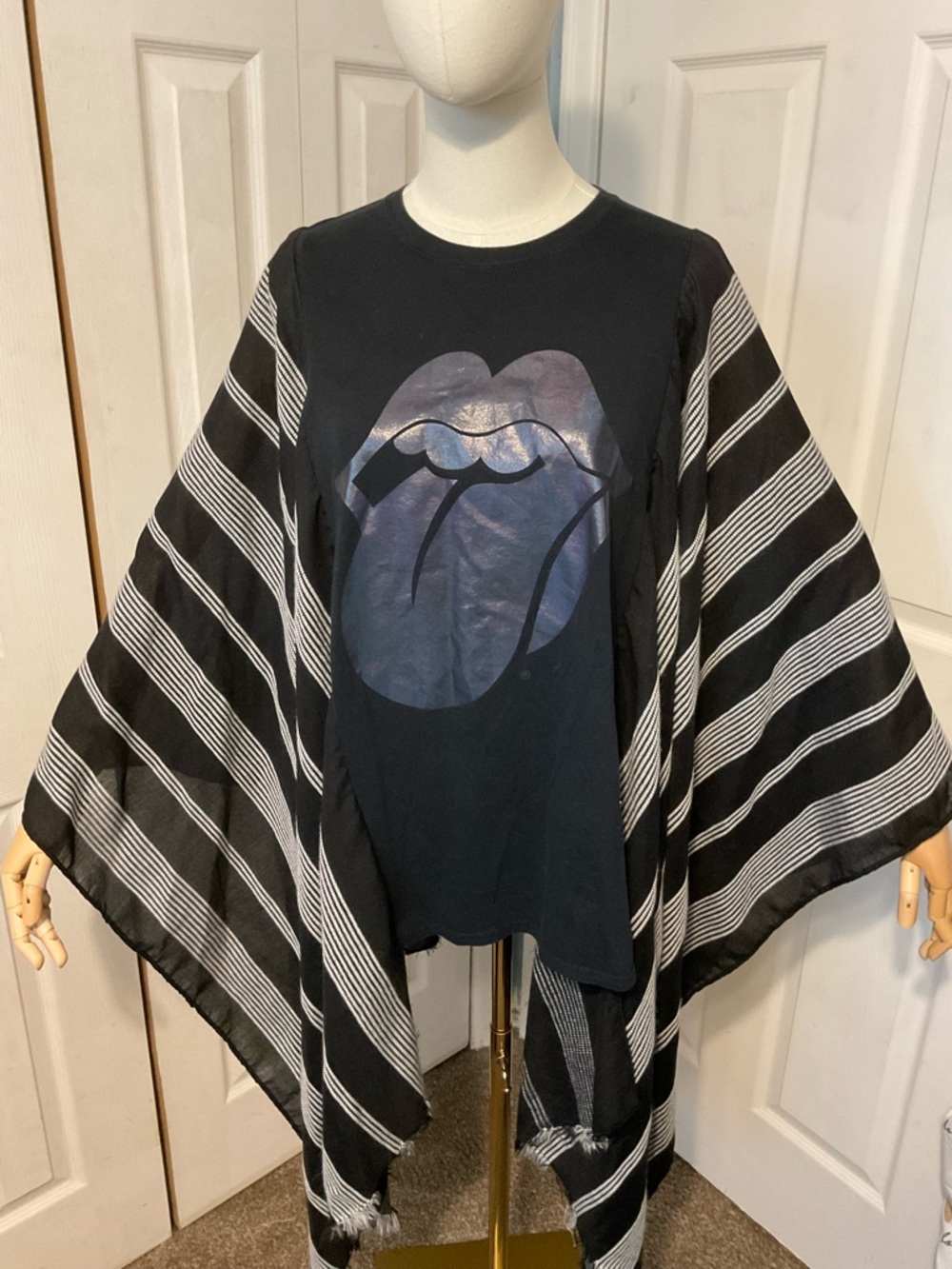 Rolling Stones Upcycled Graphic T-Shirt with Flowy Striped Sleeves - OSFM